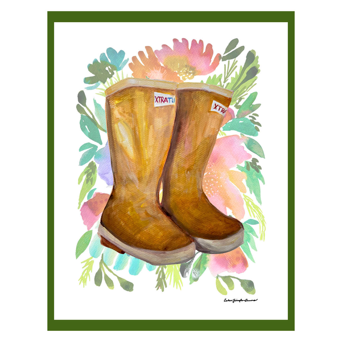 Illustration of brown boots with 'Xtratuf' branding surrounded by colorful floral and leaf patterns.