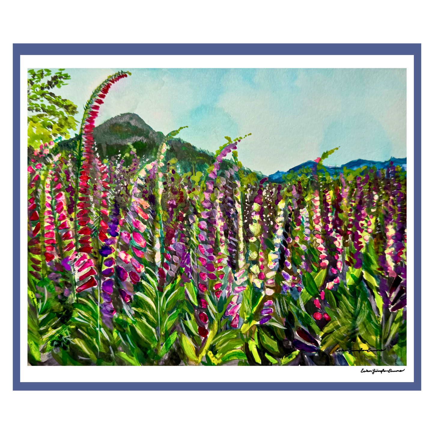 Artistic depiction of tall purple and pink flowers with green leaves against a mountainous background.