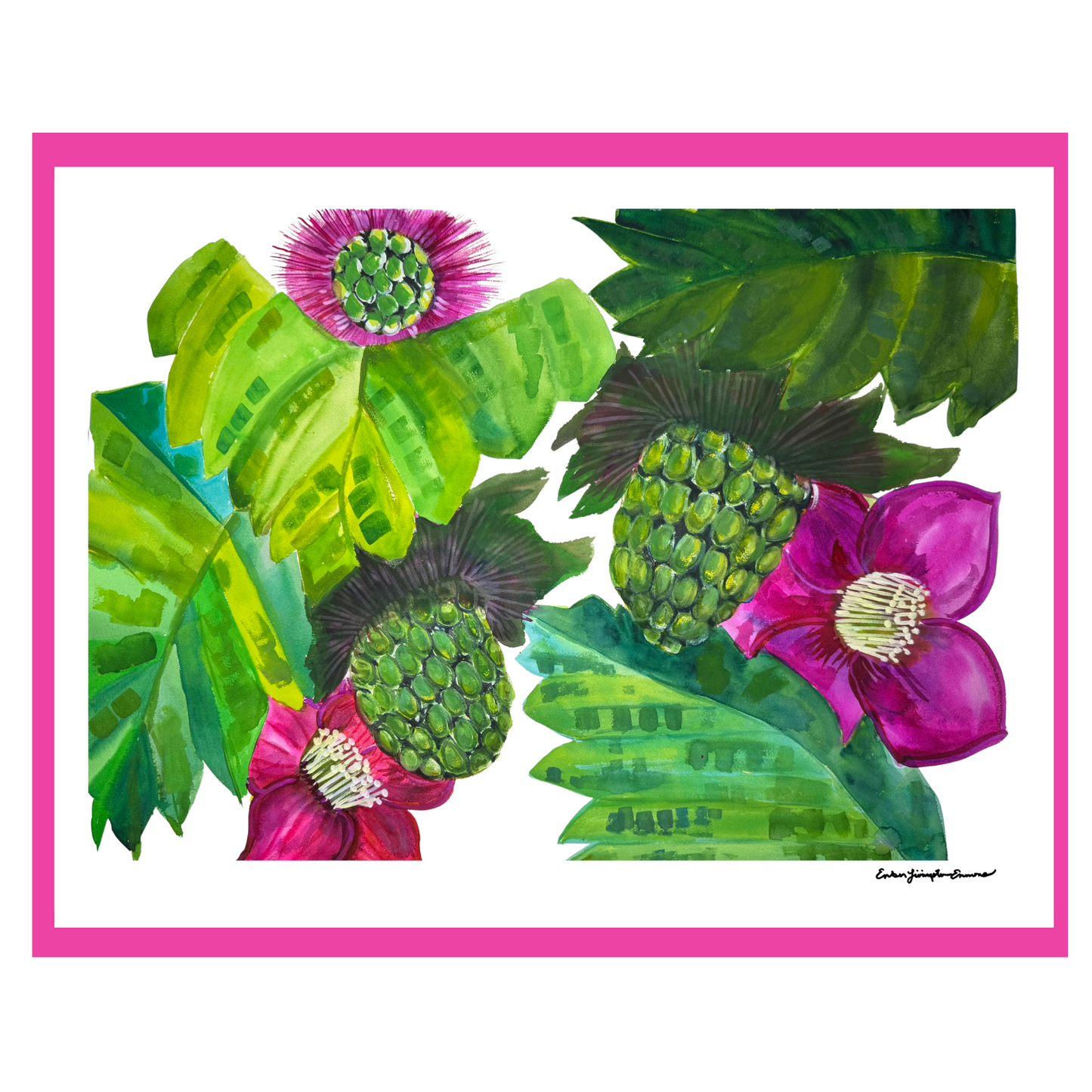 A botanical art print featuring green tropical leaves and two magenta-purple flowers with green bumpy centers, framed by a bright pink border on a white background.