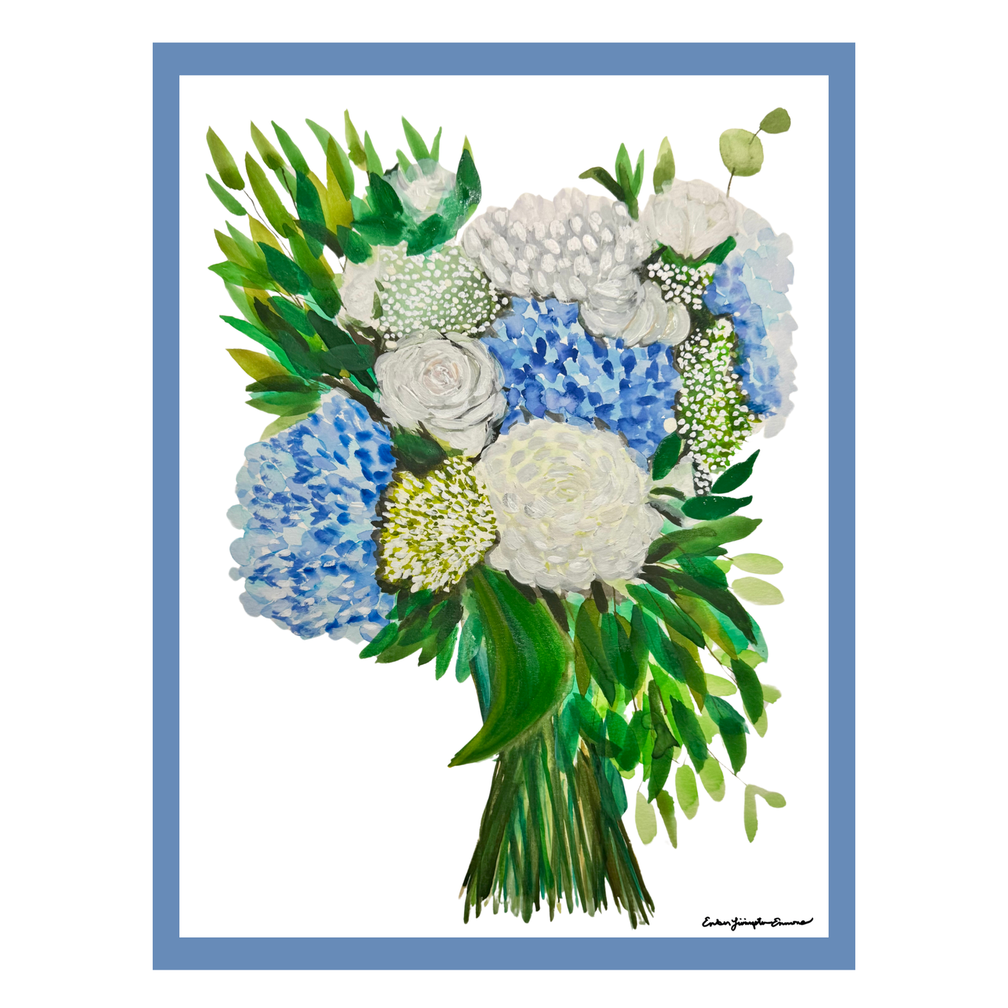 Floral arrangement with blue, white, and green flowers on a white background