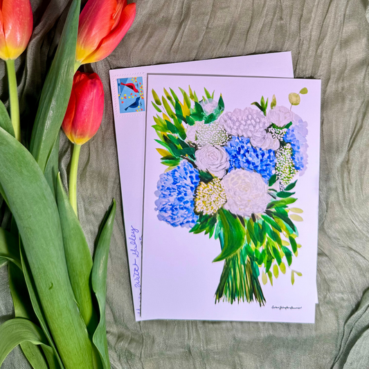 Floral card with blue hydrangea on a textured surface
