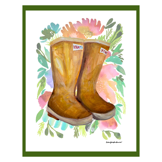 Illustration of brown boots with 'Xtratuf' branding surrounded by colorful floral and leaf patterns.