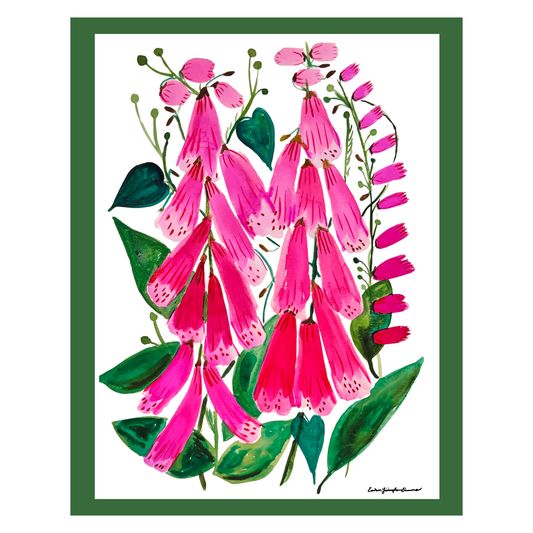 Illustration of pink flowers with green leaves on a white background