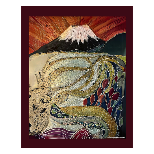 Artistic depiction of a mountain with abstract patterns on a red sunset background.