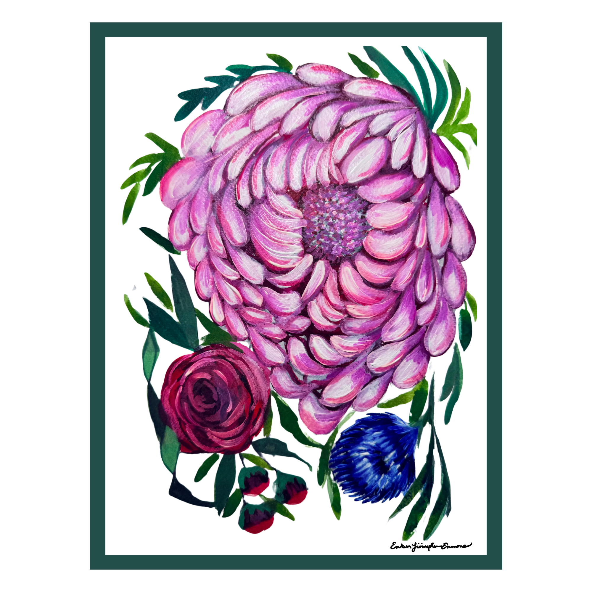 Colorful floral design with pink, purple, and blue flowers on a white background