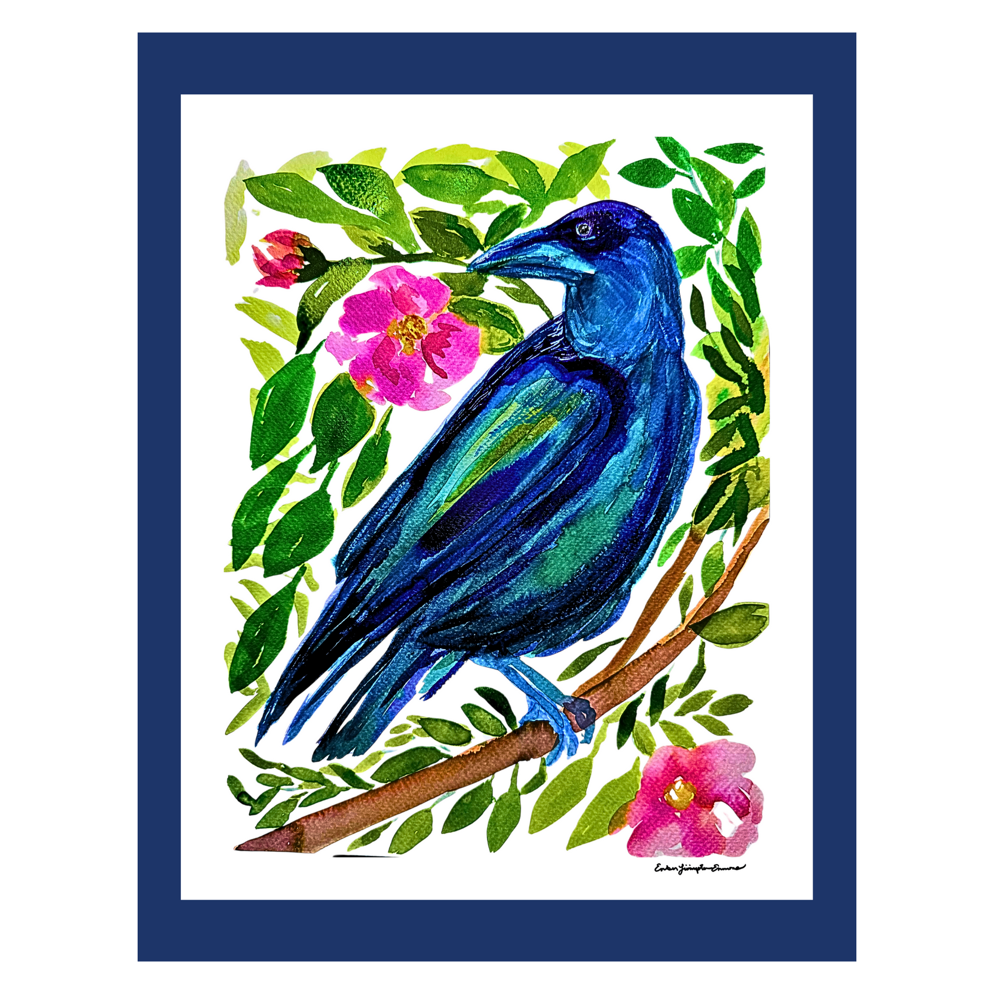 Colorful illustration of a blue raven on a branch with pink flowers and green leaves.
