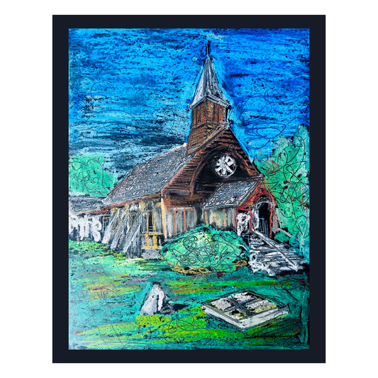 Artistic depiction of a wooden church with a steeple in a natural setting